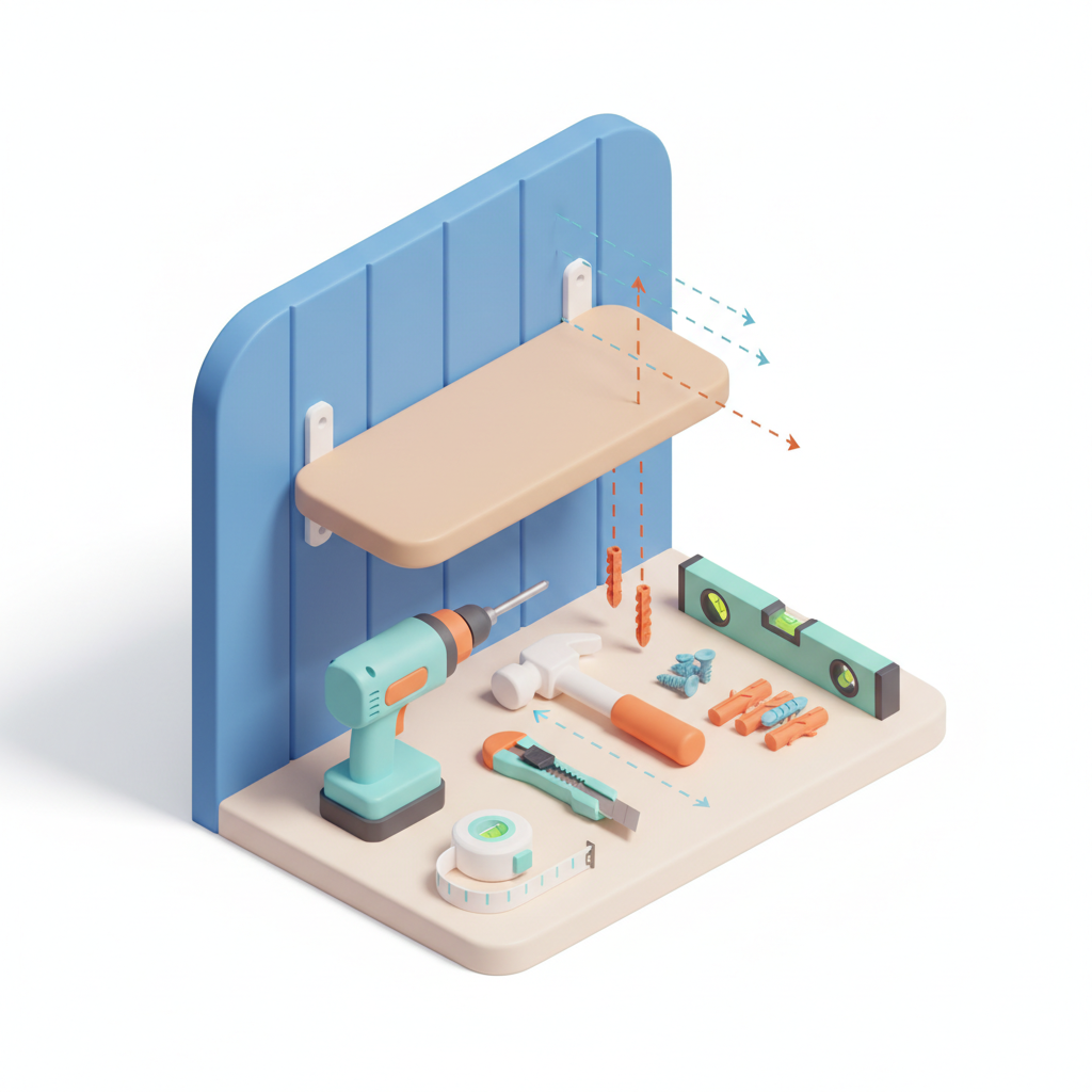 Illustration 3D : Comment fixer une étagère au mur : guide complet 2026